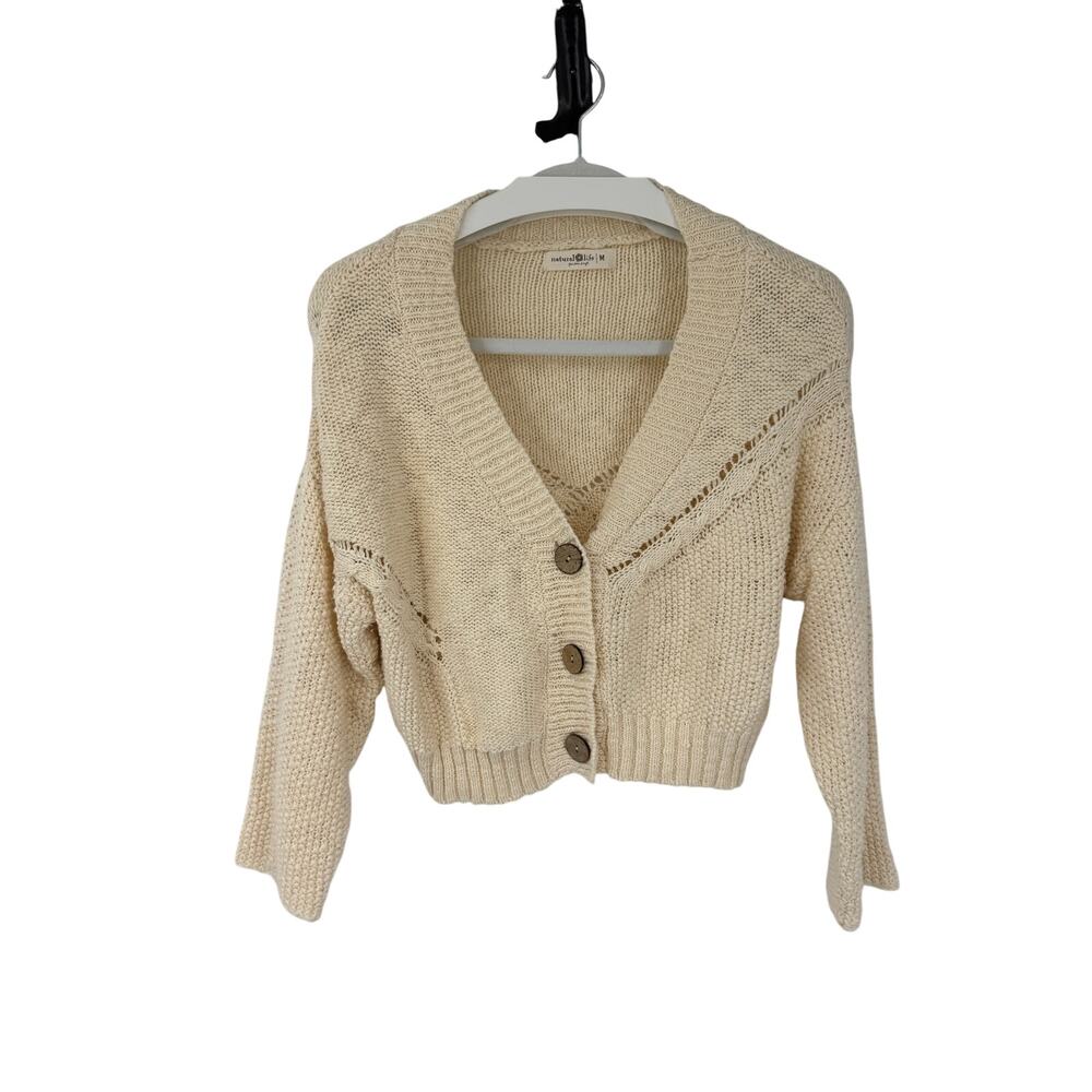Natural Life Cream Cotton V-Neck Cropped Cardigan Sweater Size M Boho Casual - Picture 2 of 11